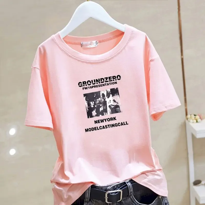 98% Cotton T Shirts Women Fashion Letter Printed O-neck Loose T-shirt Casual White Short Sleeve Tops Summer Trend Thin Tshirt