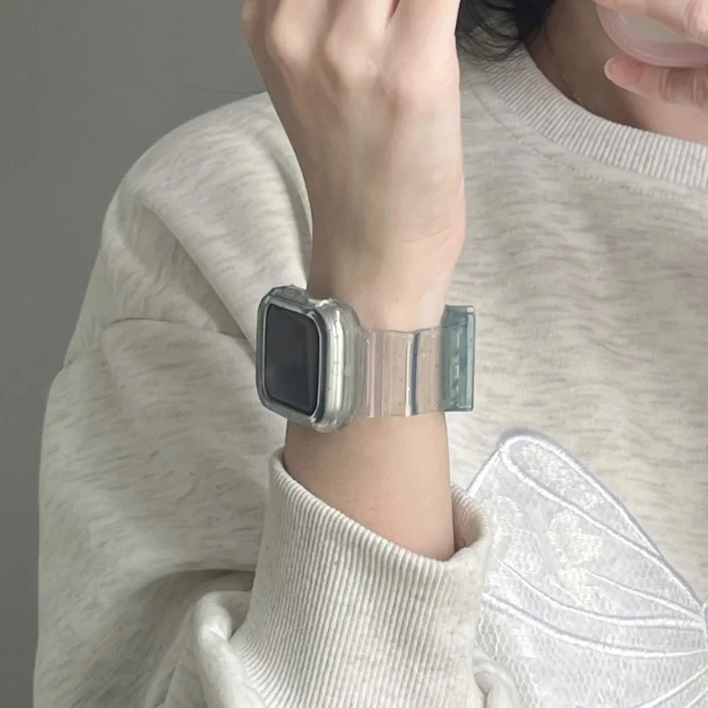 Custodia protettiva con cinturino sportivo glitterato trasparente per Apple Watch 45mm 41mm 44 per la serie 9 8 7 Band donna ragazza cinturino trasparente scintillante