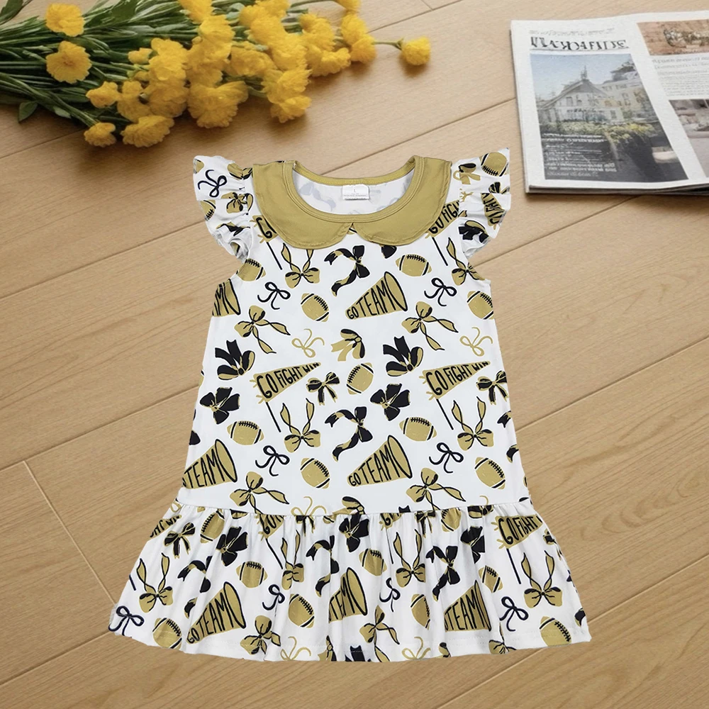 

9.23 Baby Girls Summer Dress Baby Girls Flutter Sleeves Yellow Cheer Bows Team Knee Length Dresses