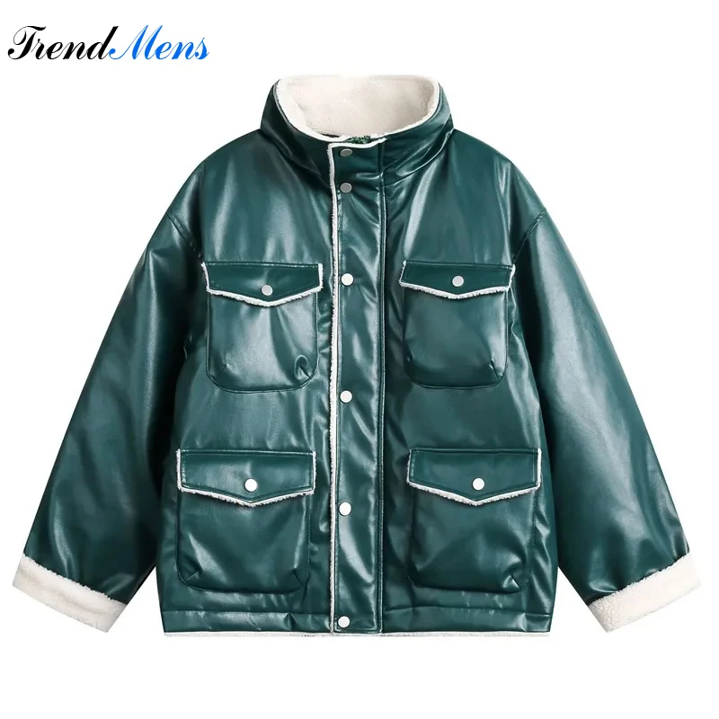 

Winter PU Leather Multi Pocket Thickened Men's Parka stand Collar Lamb Fleece Warm Relaxed Loose Coat Couple Street Fashion Top