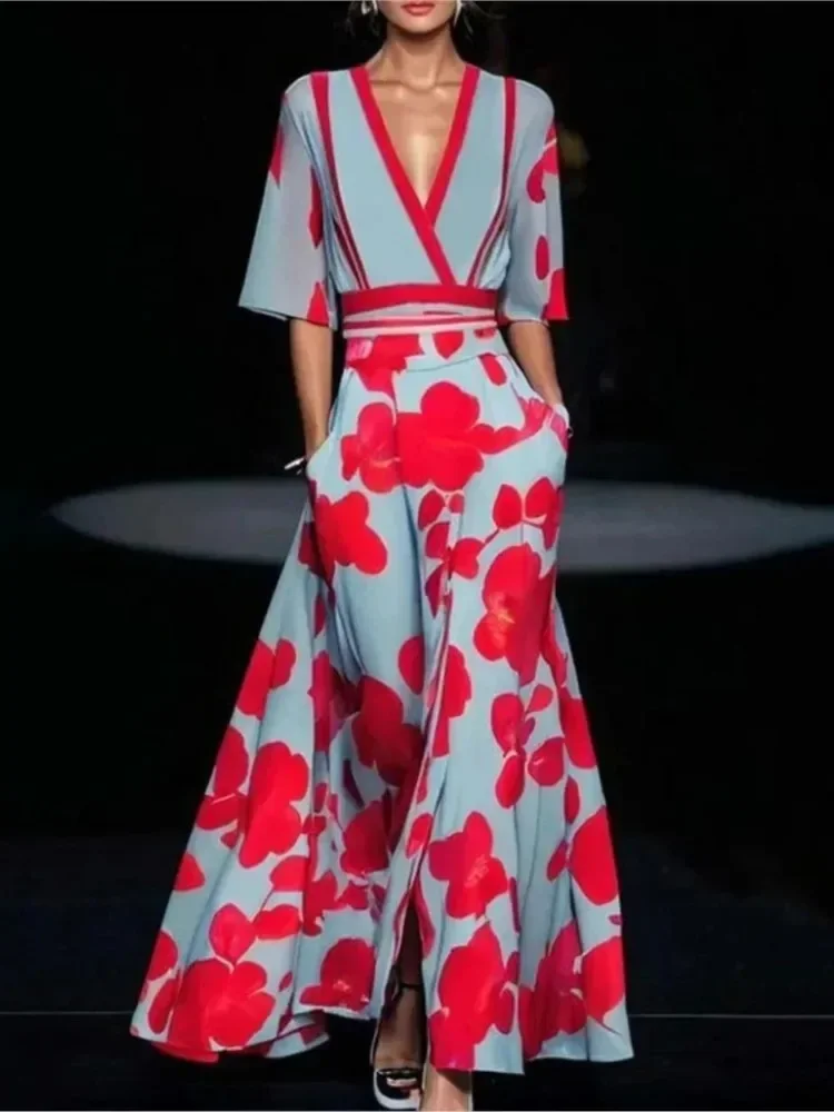 Moda damska Wiosenna sukienka z dekoltem w kształcie litery V i paskiem Seksowna sukienka w kształcie litery A Boho Sukienki maxi z krótkim rękawem i kieszeniami