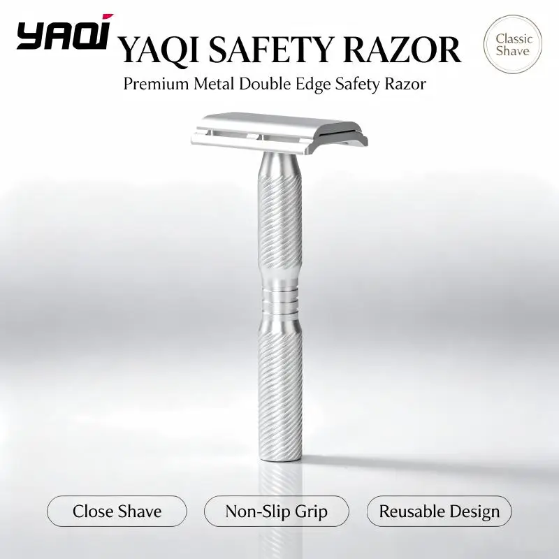 yaqi-double-edge-safety-razor-silver-anti-slip-textured-metal-handle-reusable-manual-shaving-razor-premium-shaving-gift-for-men