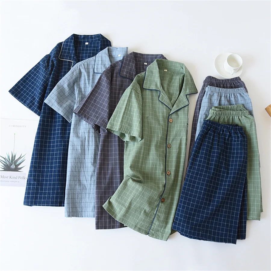 New 2025 Men's Summer Pajamas Short-sleeved Button Shirt Shorts Cotton Plaid Home Service Suit Men Sleepwear Two Piece Set