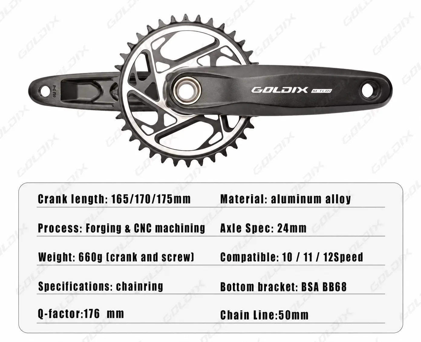 GOLDIX Hochfeste Fahrradkurbelgarnitur 165/170/175mm Geschmiedeter Legierungs-Kurbelarm 3-Bolzen-Direktmontage Schmal-Breit-Kettenblatt für MTB-Fahrrad – Detail 3