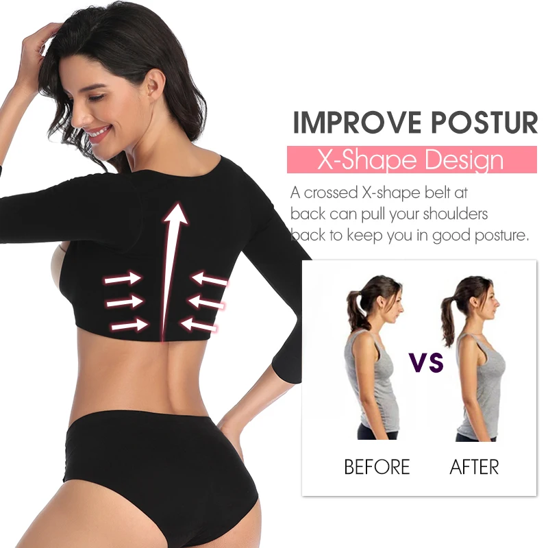 Upper Arm Shaper Post Surgical Slimmer Compression Sleeves Posture Corrector Tops Shapewear for Women 3/4 Sleeve Crop Top Nude