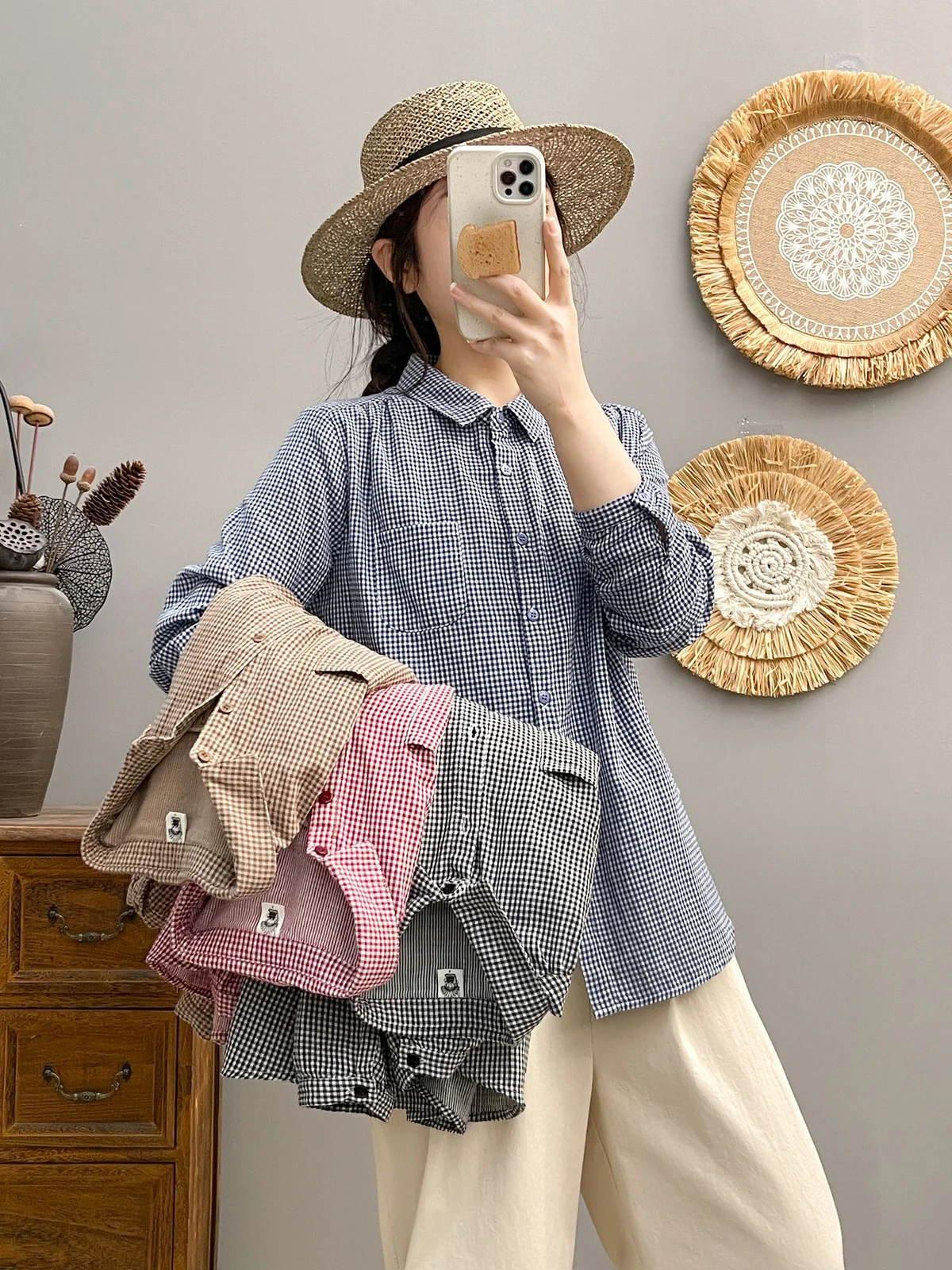 

Рубашка женская клетчатая с отложным воротником и длинным рукавом, из 2024 хлопка