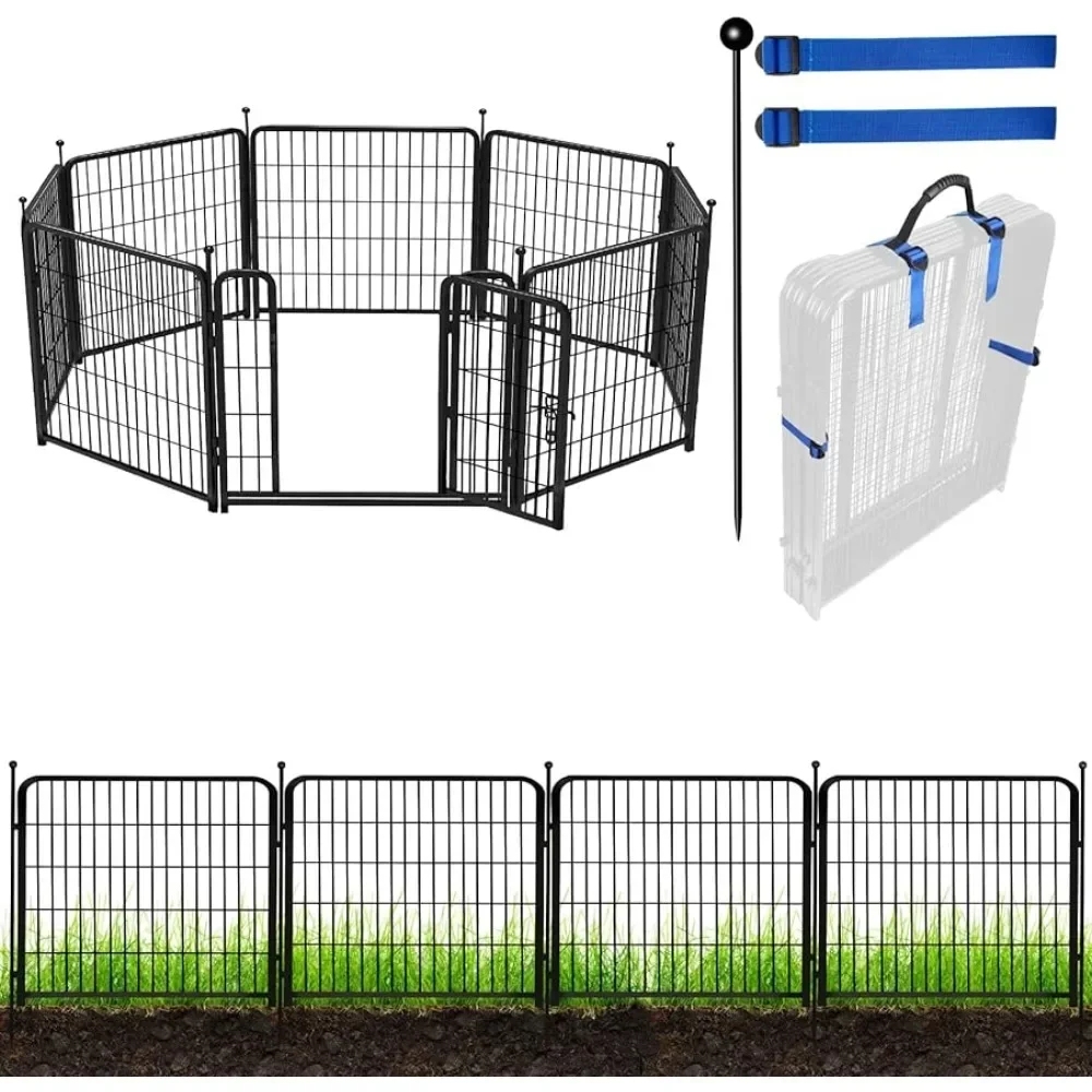 Metal garden fence with door 36 inches (height) x 18 feet (length) 8 panels, black heavy-duty iron metal animal barrier fence