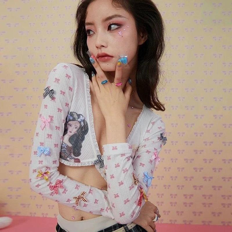 الثقافة الفرعية Harajuku Y2K اقتصاص المرأة الكرتون طباعة القوس Kawaii غير النظامية بلوزة لوليتا لطيف Fairycore قميص طويل الأكمام