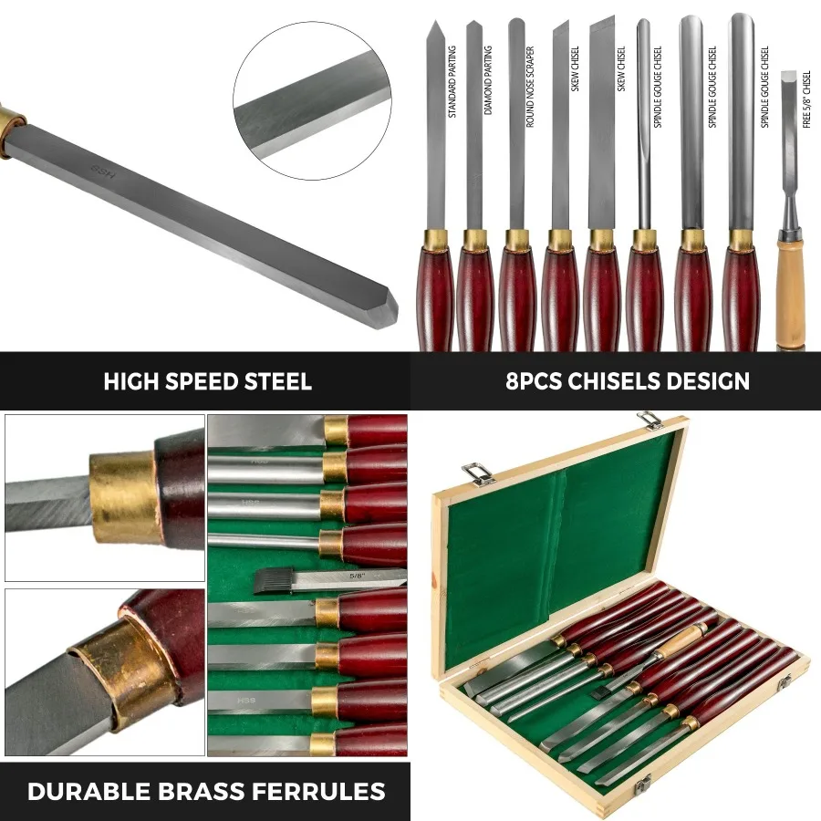 

VEVOR Woodworking Lathe Chisel Set 8 Pie Set Lathe Chisel HSS Steel Blades Wood Turning Tools Wooden Case for Storage for Wood