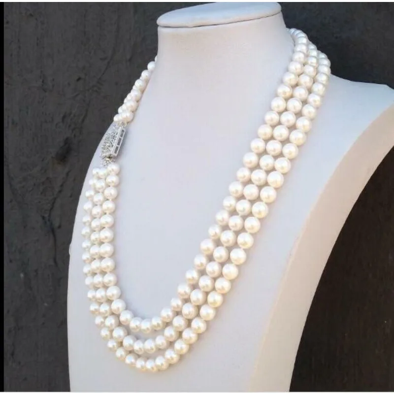 Triple Strands AAA 7-8mm Genuine South Sea White Women's Pearl Necklace 18 