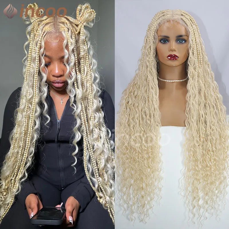 

Synthetic Braided Wigs Blonde Bohemia Boho Box Braid Wig Honey Blonde 613 Full Lace Square Knotless Braided Lace Wig With Curly