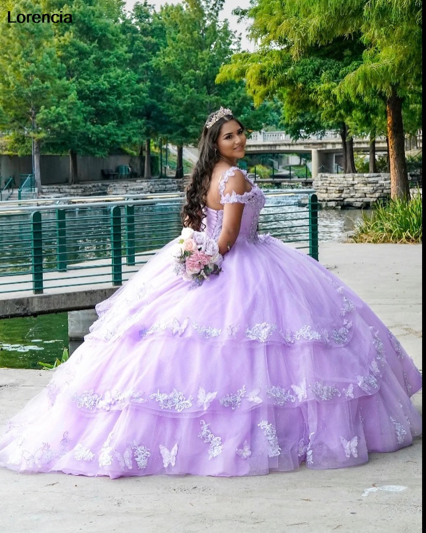 Lorencia Sprankelende Lavendel Quinceanera Jurk Baljurk Kanten Applique Gelaagde Gelaagde Korset Sweet 16 Vestidos De 15 Años Yqd871