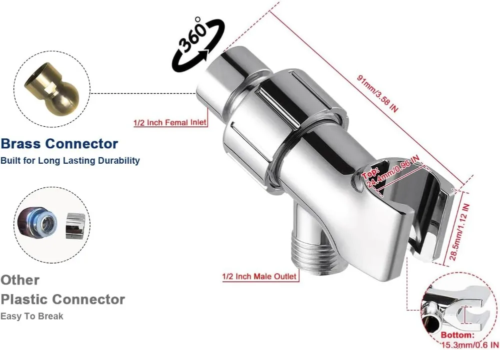 Adjustable Shower Arm Mount with Universal Wall Hook Bracket and Brass Pivot Ball, Hand Held Showerhead Holder view 2
