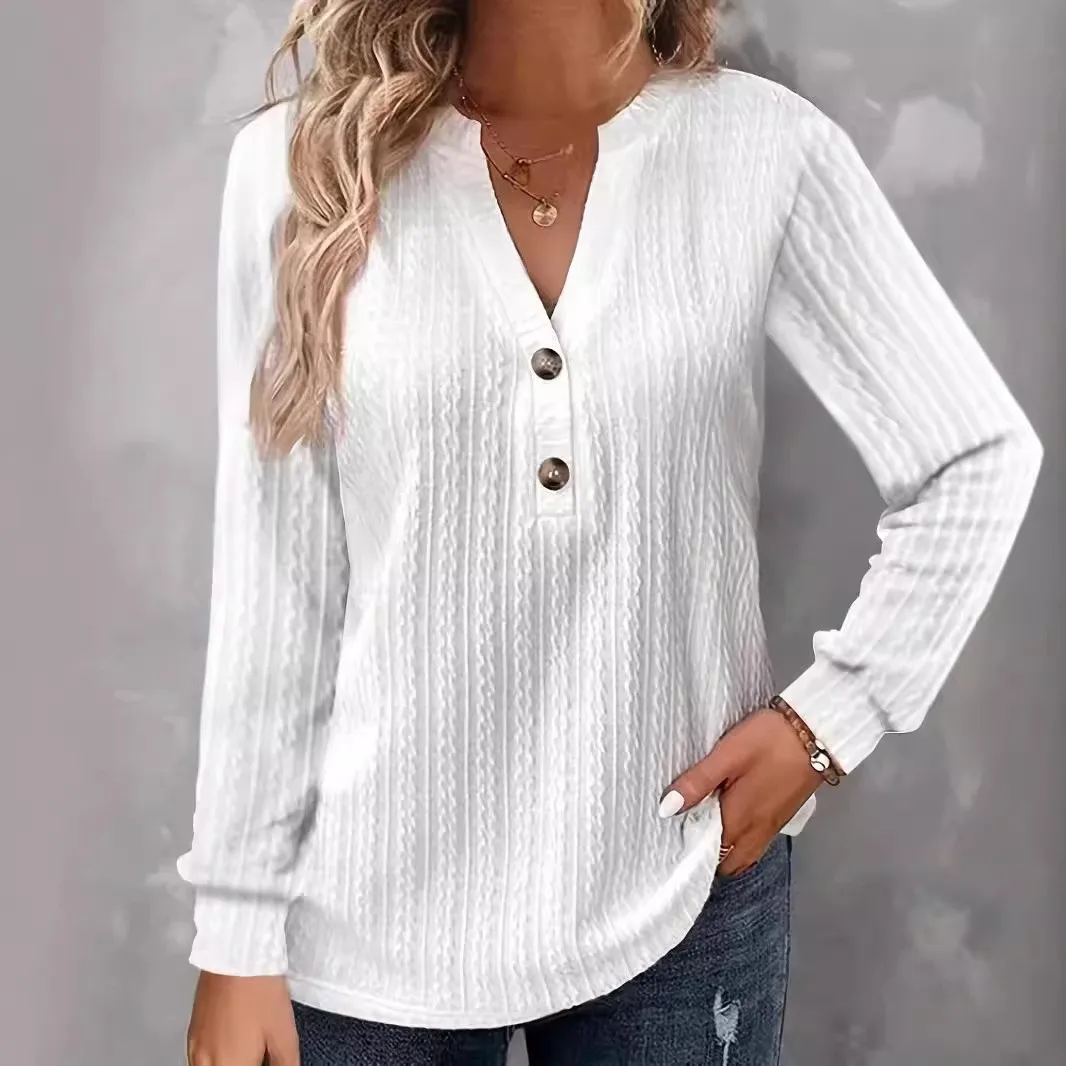 Button Front Long Sleeve Top Regular Length Japanese Korean Casual with Patchwork Winter Geometric Pattern Pullover Women Blouse