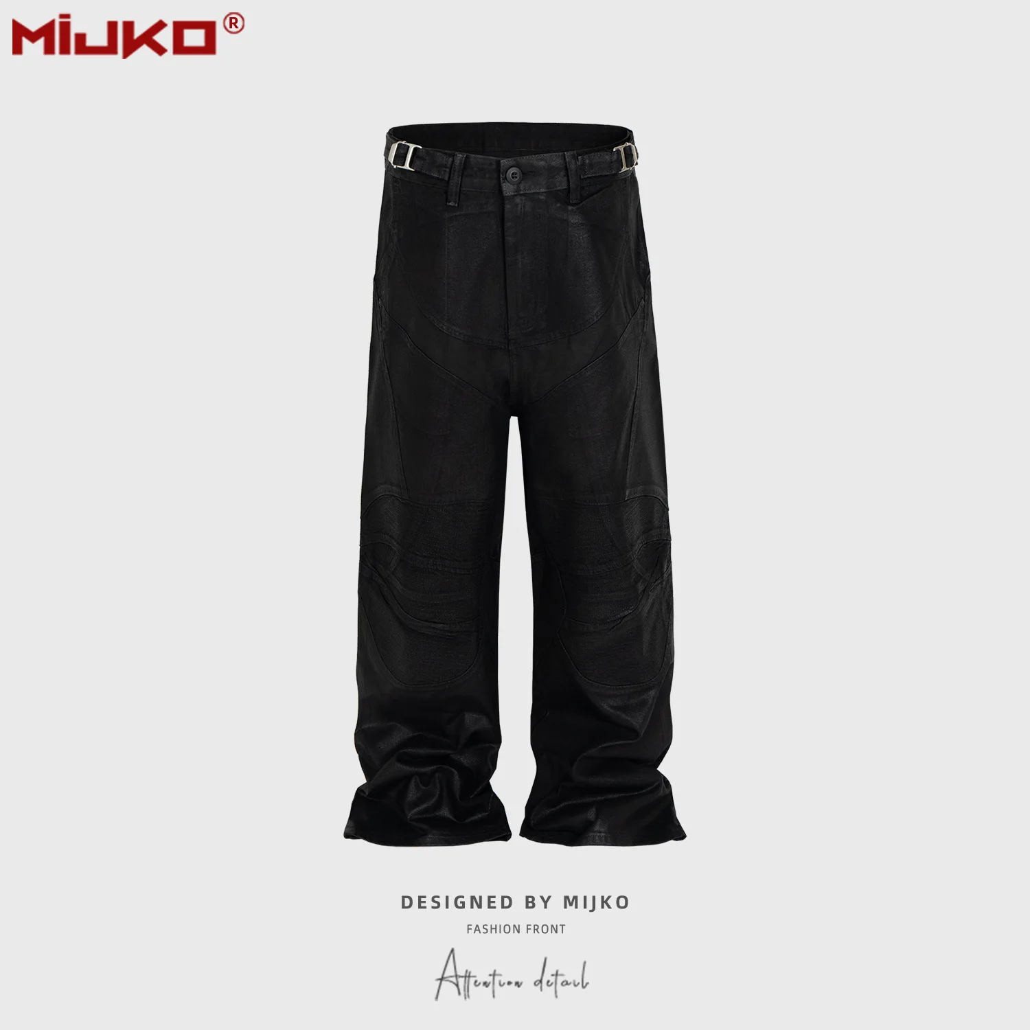 MIJKO Vintageเคลือบขี้ผึ้งสีดําขากว้างBaggy Cargoกางเกงผู้ชายStreetwear CleanfitจีบลําลองOverallsกางเกงหลวม