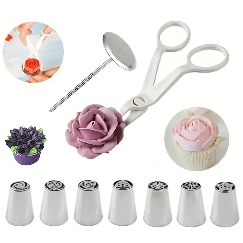 

9PCS Russian Piping Tips Set - 7 Flower Nozzles with Cake Flower Scissors & Nail -Professional DIY Buttercream Decorating Tools
