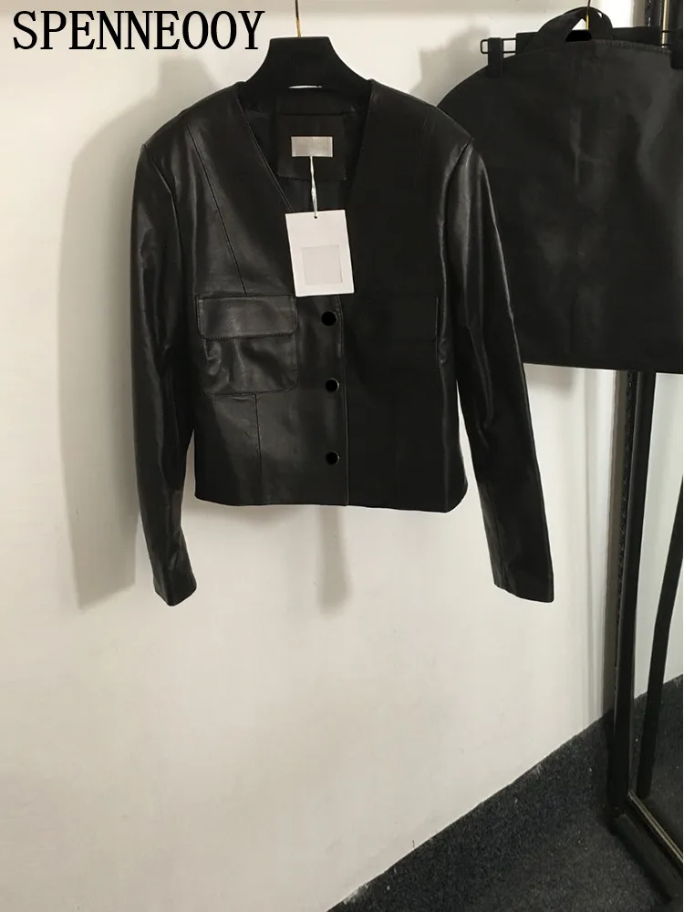 Spanneooy-Chaqueta de piel de oveja para mujer, chaqueta de manga larga con bolsillo y cuello en V, Color negro, moda de pasarela, otoño