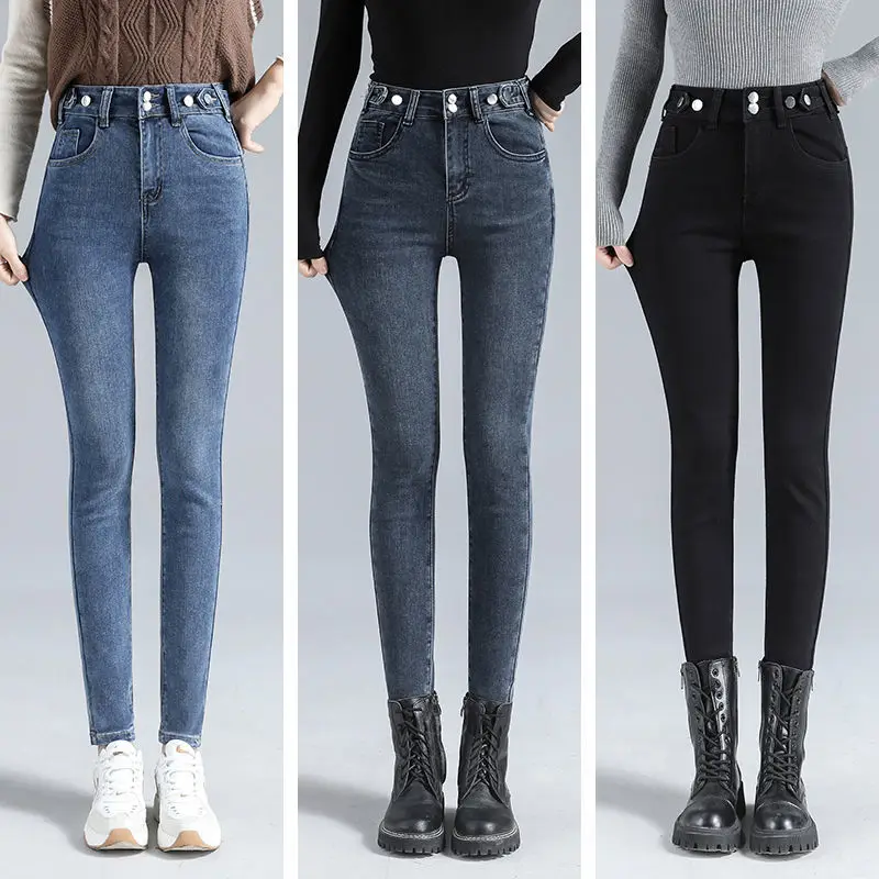 

2022 New Jeans Women's High Waist Elastic Slim Fit Thin Feet Pencil Waist Adjustable Korean Version Long Pants Straight Jeans