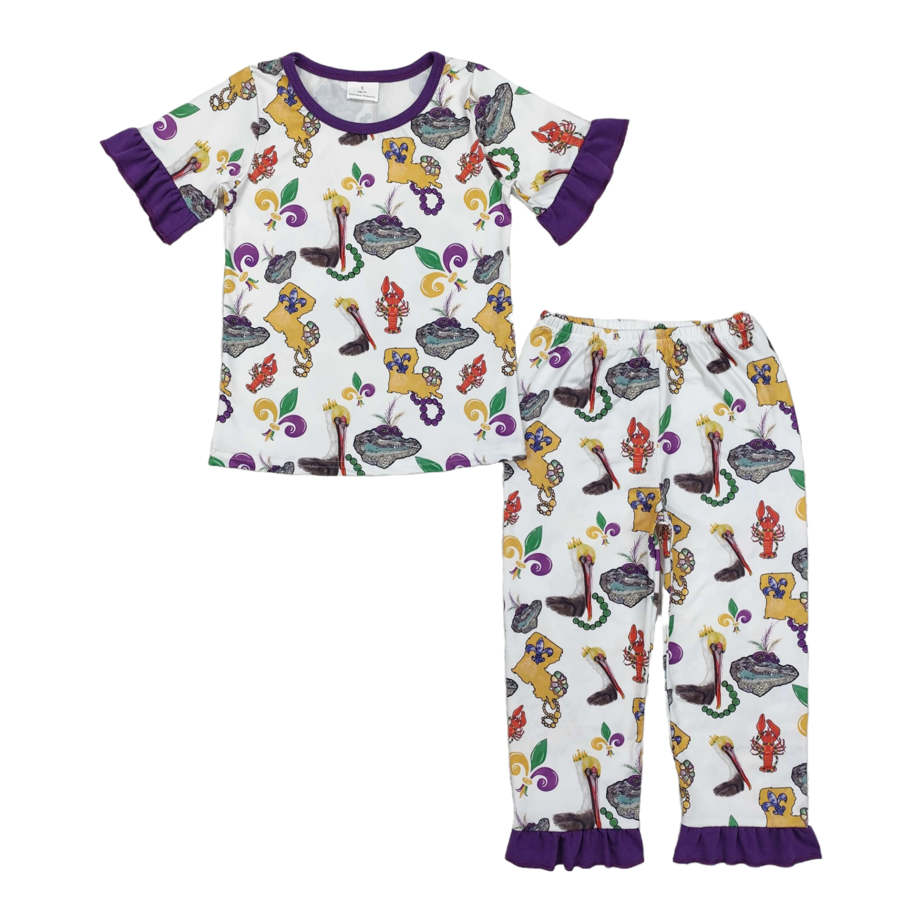 

Wholesale Baby Girl Clothes Infant Mardi Gras Outfits Kids Purple Crawfish Short Sleeves Children Toddler Leggings Pants Set