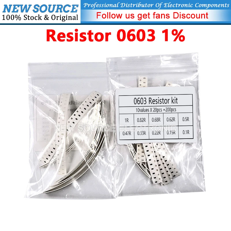 

(200pcs) 0603 SMD Resistor 1% 0.1R 1R 0.47R 0.33R 0.68R 0.15R Ohm Assorted Kit 10ValuesX 20PCS Resistor
