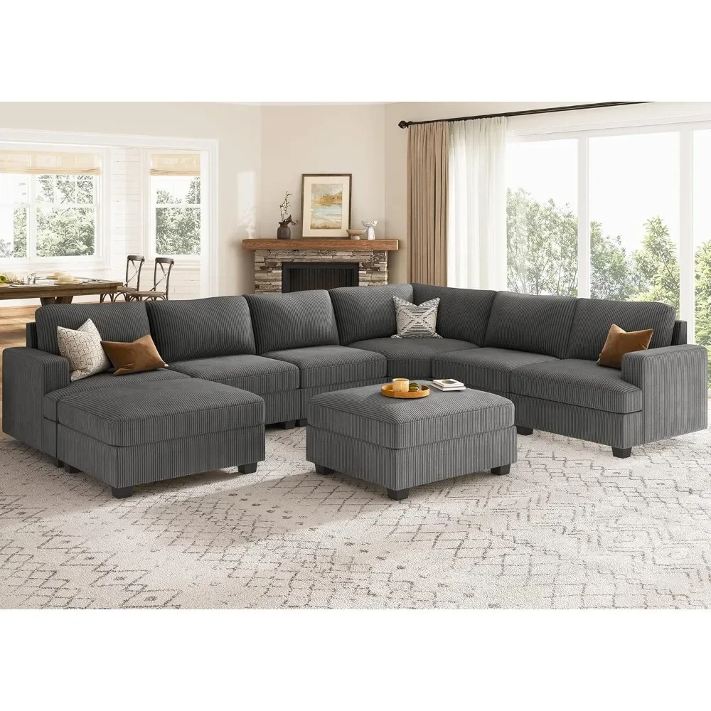 

Sectional Couch with Storage Ottoman, Corduroy Modular Corner Sectional Sofa, U Shape Sectional Couches for Living Room, Dark