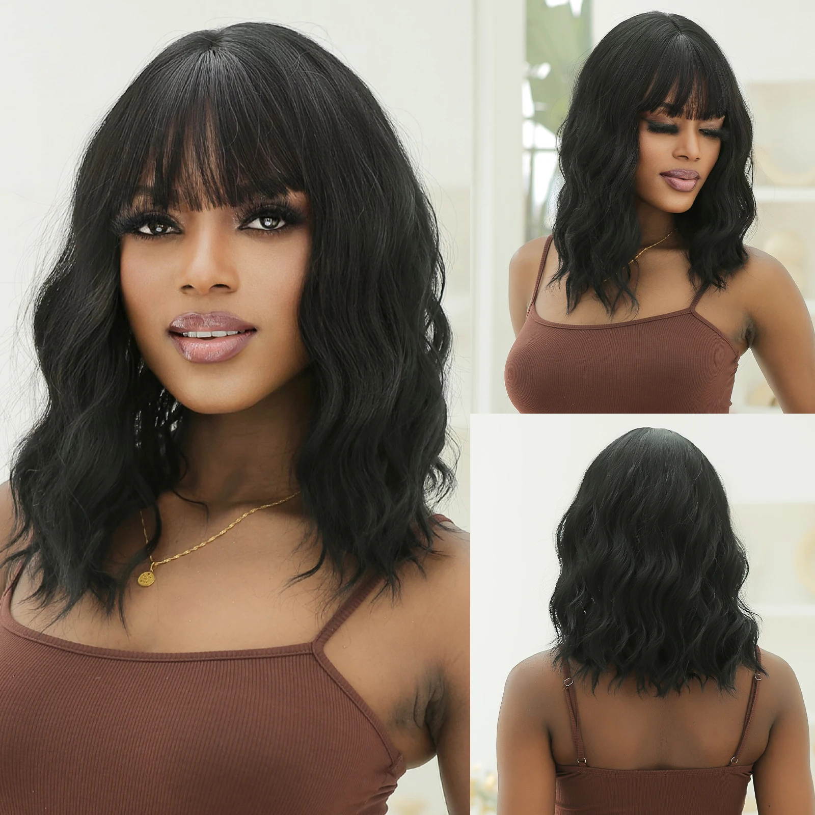 Black Dark Synthetic Wigs Short Water Wavy Hair Wigs with Bangs Shoulder Cosplay Party for Women Wig Heat Resistant Daily Use