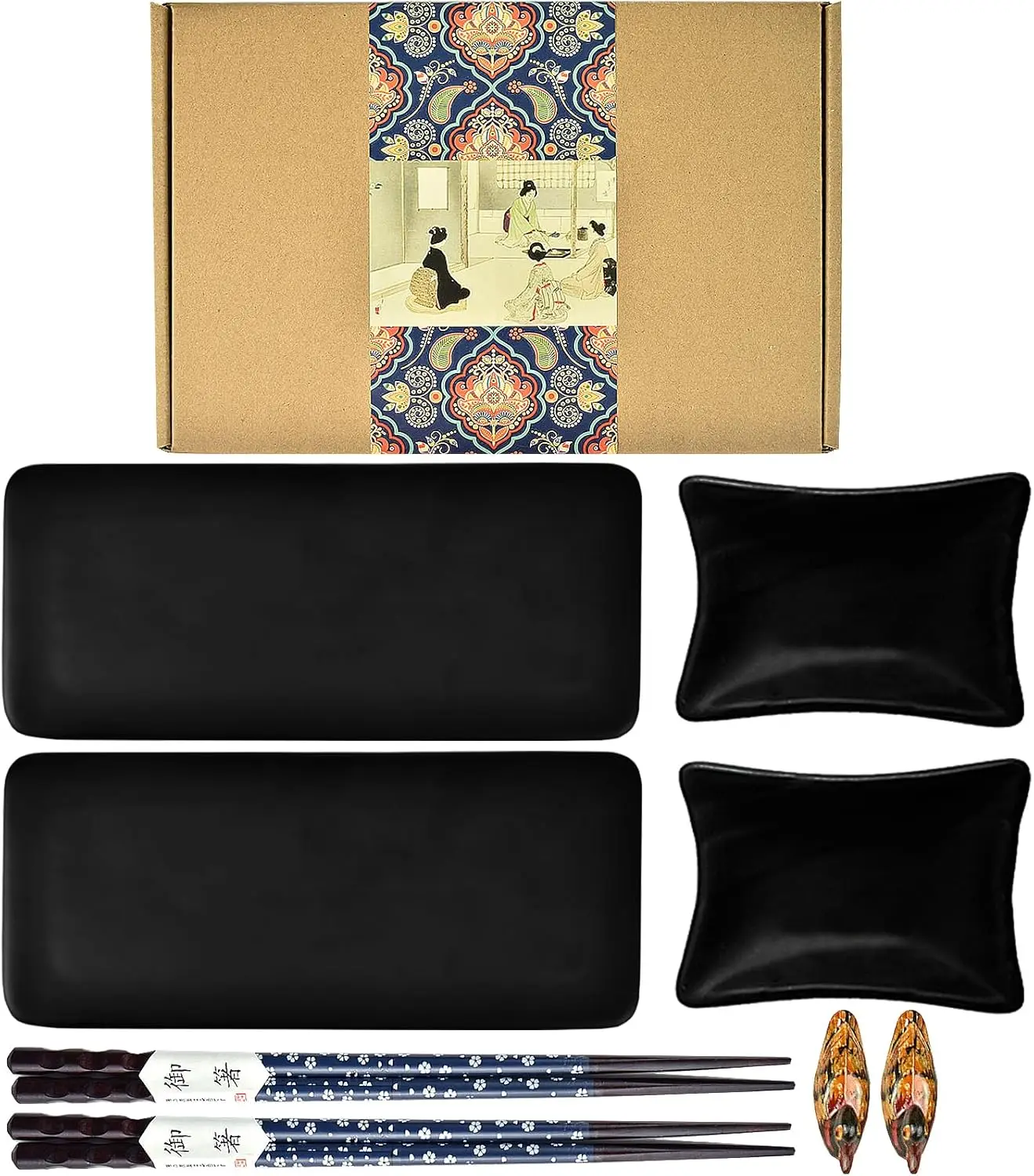 

8 Piece Japanese Style Ceramic Sushi Plate Dinnerware Set with 2 Sushi Plates, 2 Sauce Dishes, 2 Pairs of Chopsticks, 2 Chopstic