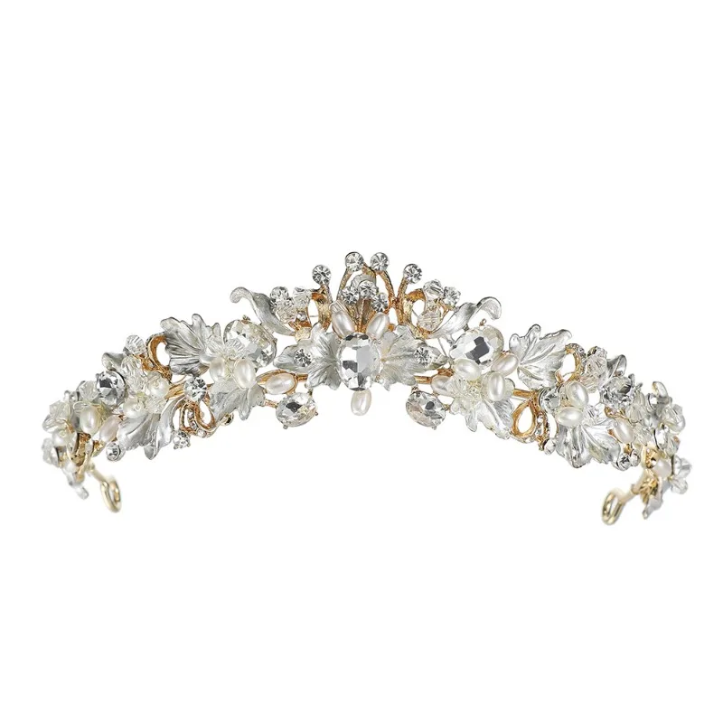Children's Crown Baroque Flower Rhinestone Pearl Headband Gold Wedding Dress Crown Headgear Bridal Crown