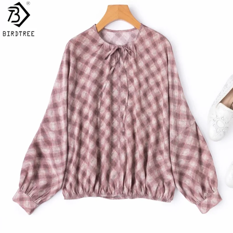 

Блузка Birdtree из 100% натурального шелка в клетку, топ с рукавами-фонариками из двойного крепа, эластичный низ, женская рубашка с завязками, новинка весны 2026 T62905JF