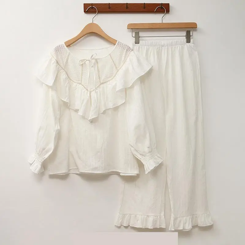 

Spring Summer Long Sleeve Cotton Women Pajamas Lady Two Piece Set Homewear Female Loose Casual Nightwear Sleepwear