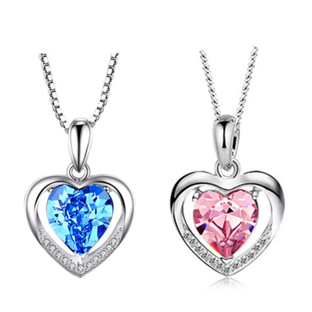 WOSIKATE Korean 925 Sterling Silver Heart Pendant Necklace For Women Fashion Jewellery Amethyst Sapphire Zirconia Chain Necklace