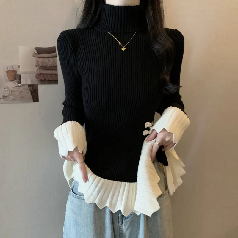 

Ruffle Jacquard Knit Sweater Women Pullover Tops Autumn Winter Long Sleeve Turtleneck Loose Stylish Chic Jumpers Large Size 4XL