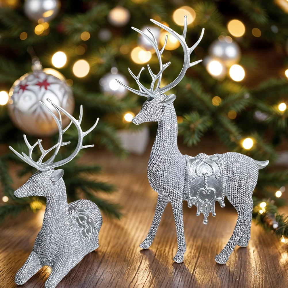 

2pcs Christmas Reindeer Statue Set Resin Craft Statue Xmas Deer Statue Animal Sculpture for Christmas Holiday Decoration