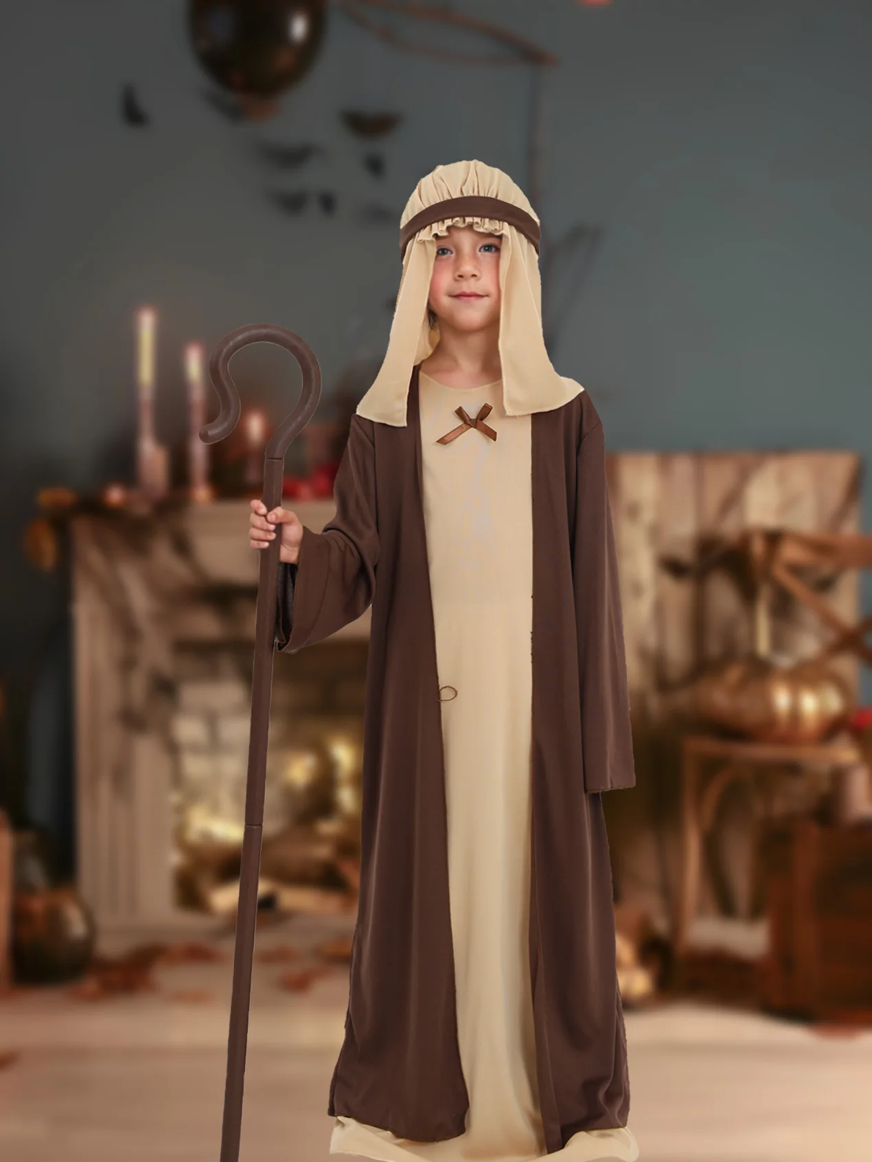 طقم مكون من 3 قطع مناسب لكل من الرجال والنساء، رداء بغطاء للرأس عربي بني عتيق، صولجان رائع، زي حفلات الهالوين التنكرية