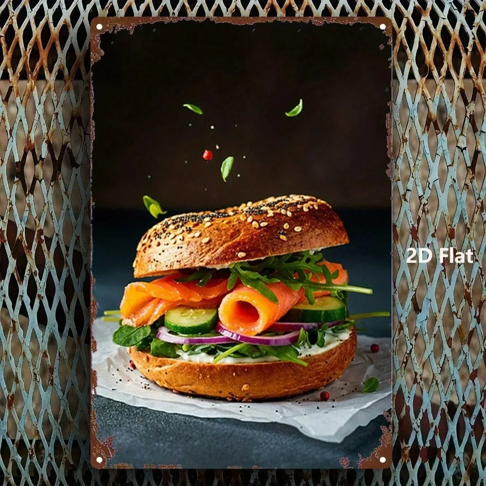 Retro Tin Sign 8x12 Inches, Vintage Salmon Avocado Sandwich Kitchen Wall Art, Funny Cafe Diner Metal Decor for Home Bar Man Cave