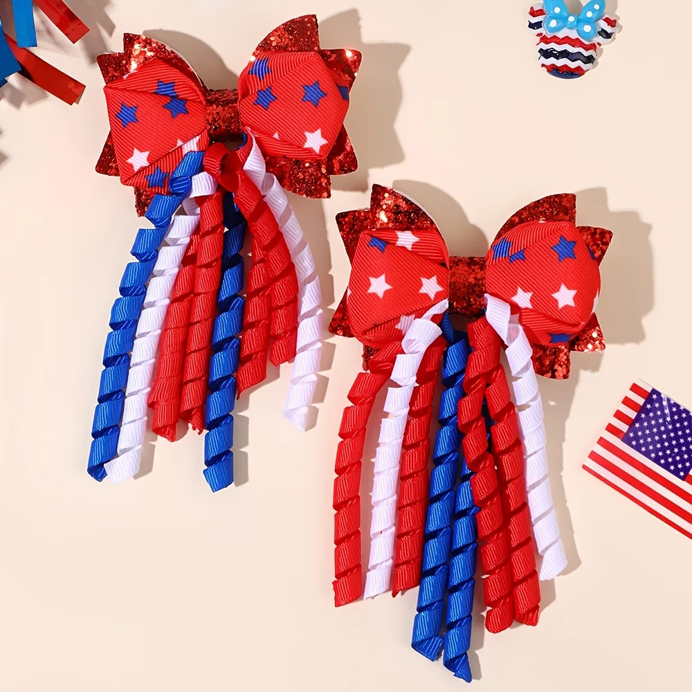 

2 sparkling star patriotic bow hairpins, women's red, white and blue sparkling hairpins, July 4th Independence Day sparkling hair accessories, suitable for Independence Day parades and summer clothing