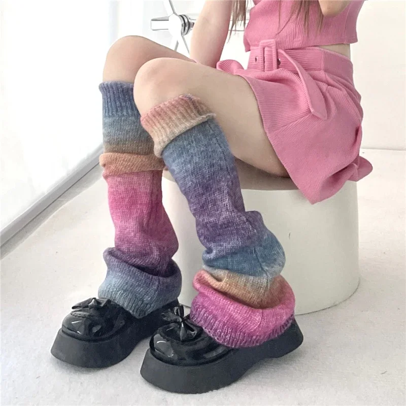 Y2K Rainbow Gradient Color Flared Thermal Sweet Leg Warmers Subculture Hot Girl Knitting Retro JK Cosplay Candy Horn Leg Covers