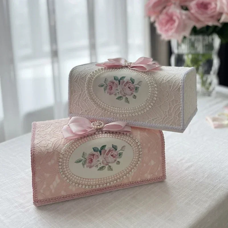 Korean Romantic Tissue Box Rice White Embroidered Lace Tissue Box Elegant Pearl Bow Fabric Household Car Drawer Storage Box