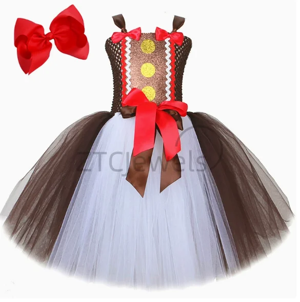 عيد الميلاد الزنجبيل رجل الأطفال شبكة تأثيري فستان القهوة العميقة الكرتون البسكويت منتفخ تنورة الفتيات زي عيد الميلاد #3