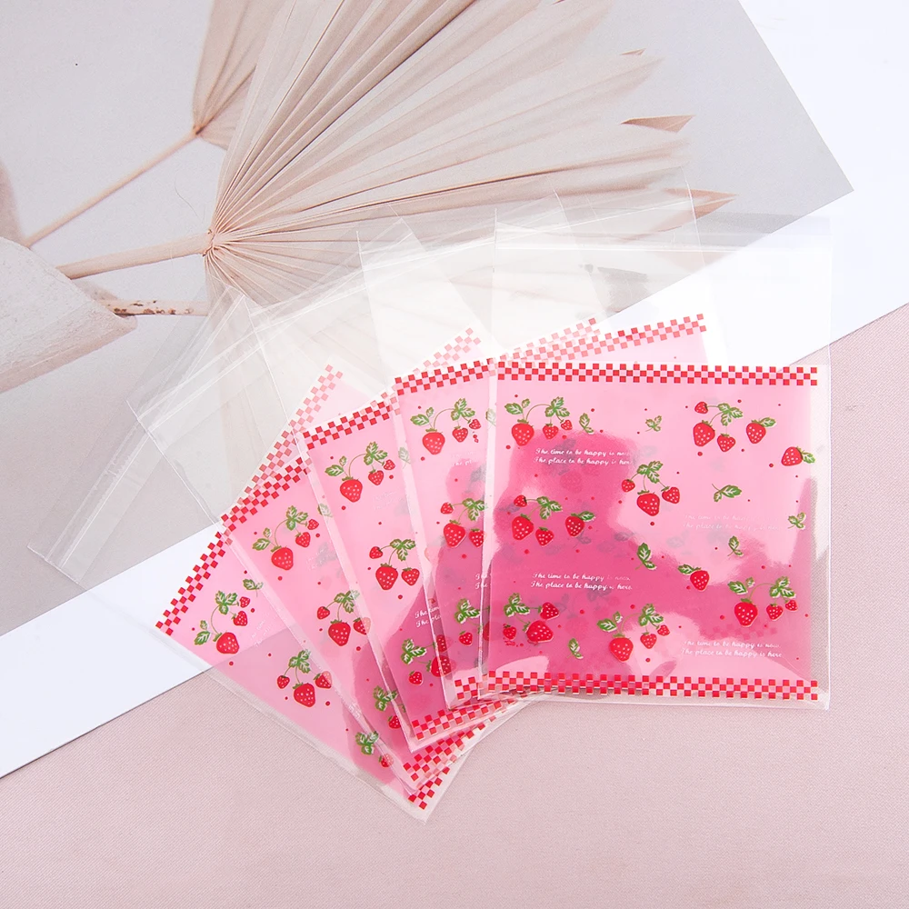 50pcs Pink Strawberry Print Plastic Packaging Bags for Candy And Cookies Self-Sealing Bags DIY Gifts Jewelry Retail Packaging