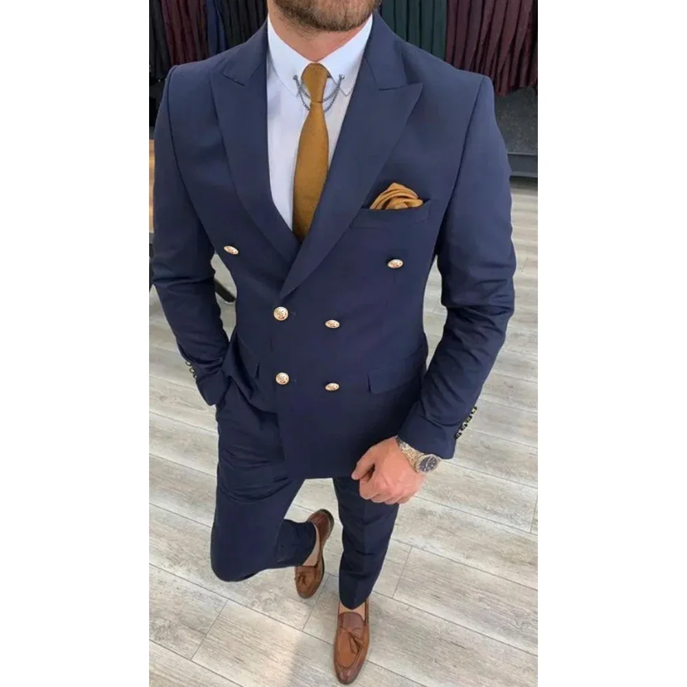 Men Suit Navy Blue Peak Lapel Double Breasted Elegant Groom Full Set 2 Piece Jacket Pants Skinny Costume Homme Terno