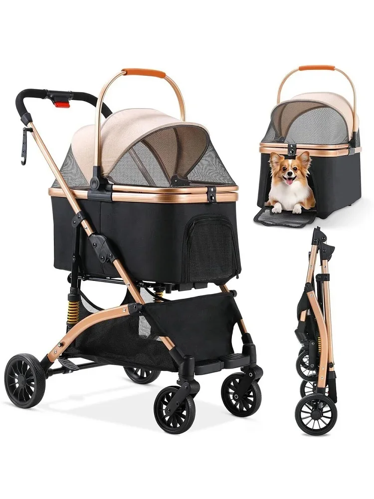 Haustierkinderwagen für Hunde und Katzen, abnehmbarer Reisetrage und Autositz für Haustiere, 4-Rad-Reisekinderwagen mit Aluminiumrahmen für Haustiere
