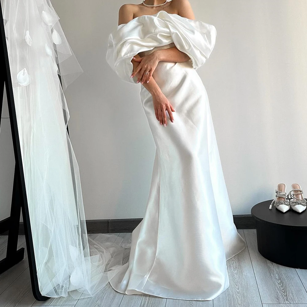 

Customized Graceful Pleat Boat Neck Floor Length платье вечернее Straight Satin Off The Shoulder Sweep Train Vestidos De Fiesta