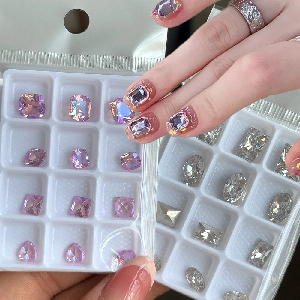 

3D Heart Oval Square K9 Glass Crystal Nail Rhinestones 12Pcs Mix Sharped Bottom Gemstone Nail Charm y2k Glitter Diamond Nail Dec