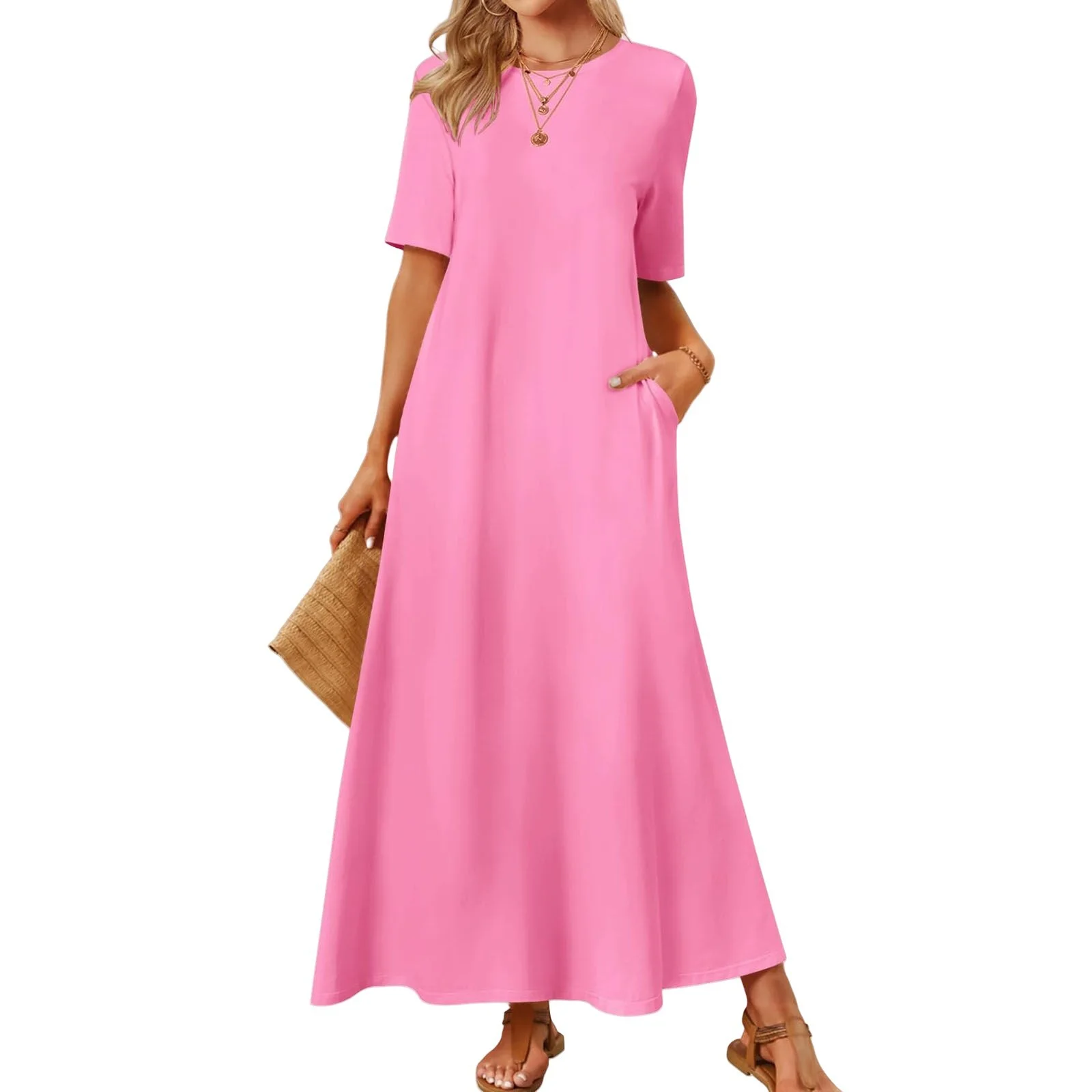 Women's 2025 Summer T Shirt Dress Short Sleeve Crewneck Maxi Dress With Pockets Casual Solid Color Swing A Line Long Dresses