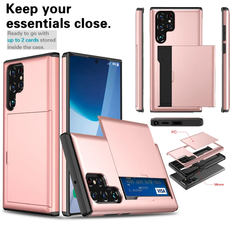 New Push Pull Wallet Card Slot Solid Color Phone Case For Samsung S25 Ultra S23 S20 S21 S22 S24 Ultra Plus FE Note 20 Ultra A55