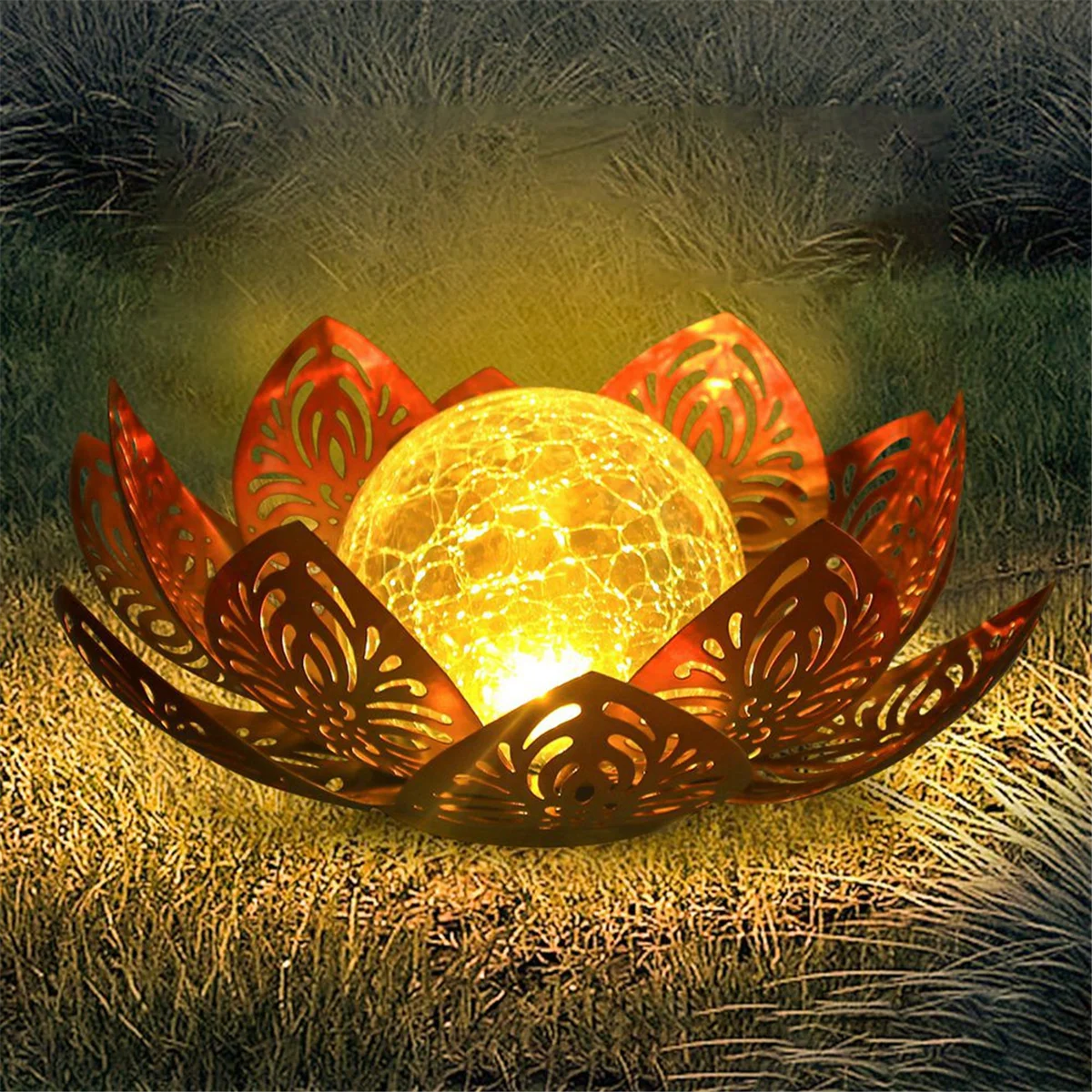 تعمل بالطاقة الشمسية الحديد الفن لوتس ضوء في الهواء الطلق المكونات في مصباح الحديقة غير نافذ للمطر ديكور المناظر الطبيعية فناء الخفيفة