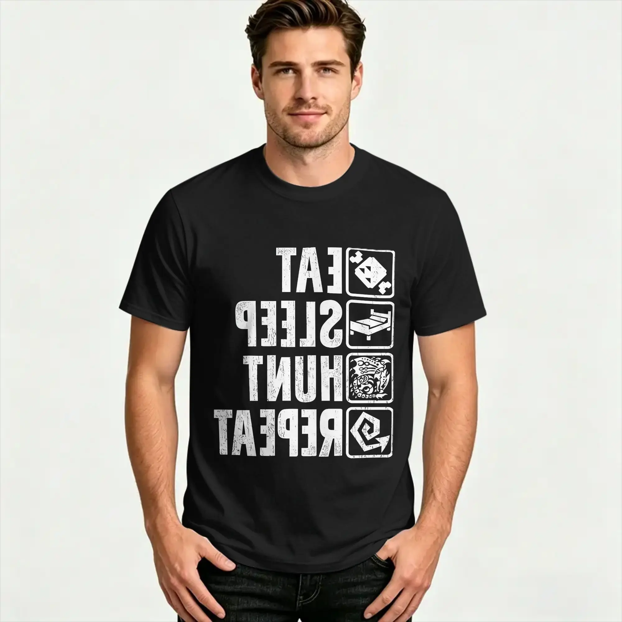 Eat Sleep Hunt Repeat 100% Cotton T-Shirt For Men Summer  Awesome T-Shirts Round Neck Trendy Cool Tee Shirt Big Size Casual Tops