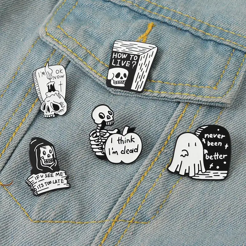 Black Humor Enamel Pins Custom Boo Ghost Quotes Brooches I Think I'm Dead I'M OK NOW Lapel Badges Gothic Punk Jewelry Gift