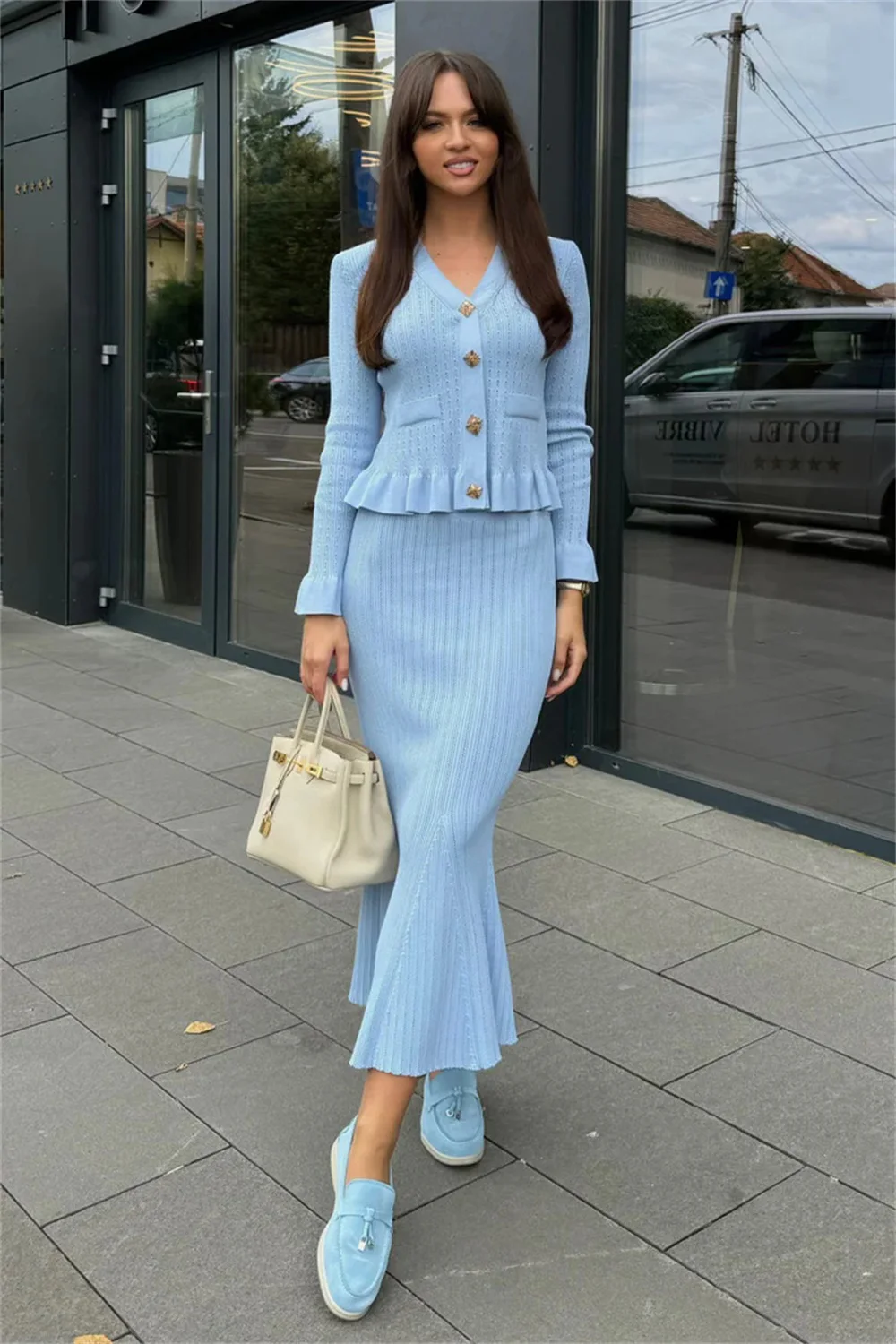 EINY y2k Elegant 2 Piece Sets For Women Long Sleeve Crop Top & Skirt Sets Hollow Out Knitted Suits Female Birthday Party Outfits